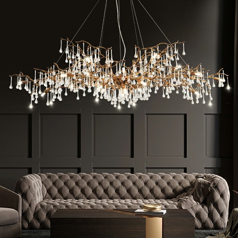 New Style Extra Large Brass Branch Chandelier Light Crystal Drops Pendant Lamp For Living/ Dining Room - fovolighting