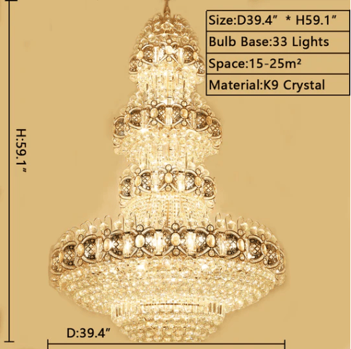 Oversized Luxury Multi - layers Gold Crystal Chandelier For High - ceiling Living Room/Foyer - fovolighting