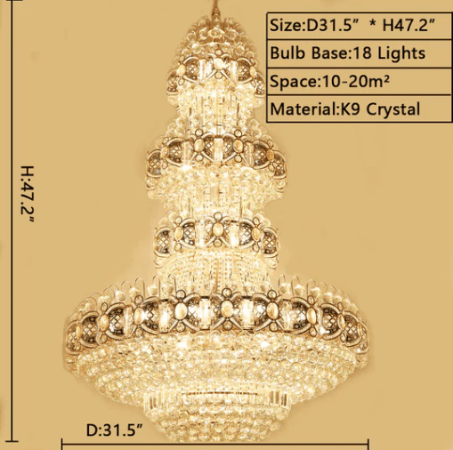Oversized Luxury Multi - layers Gold Crystal Chandelier For High - ceiling Living Room/Foyer - fovolighting