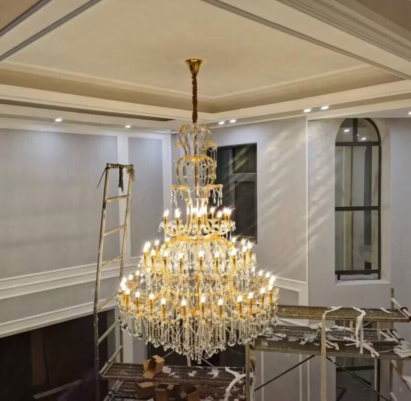 Oversized Luxury Traditional Gold/Chrome Candle Branch Crystal Chandelier for 2 - story/Duplex Buildings - fovolighting
