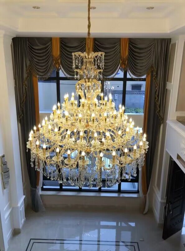 Oversized Luxury Traditional Gold/Chrome Candle Branch Crystal Chandelier for 2 - story/Duplex Buildings - fovolighting