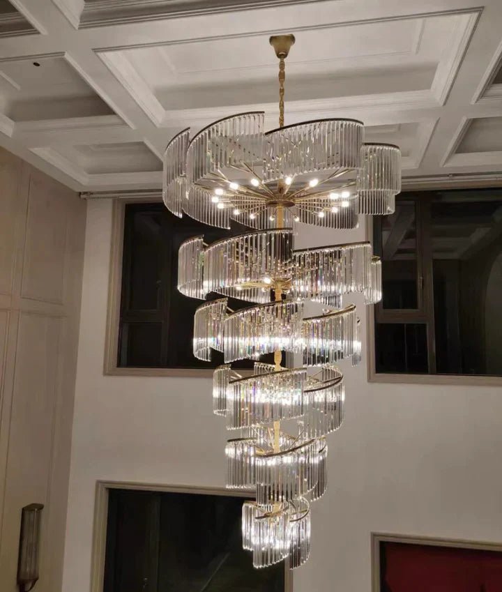 Oversized Modern Designer Creative Multi - tiered Luxury Spiral Crystal Chandelier For High - ceiling Foyer/Entryway/Hallway - fovolighting