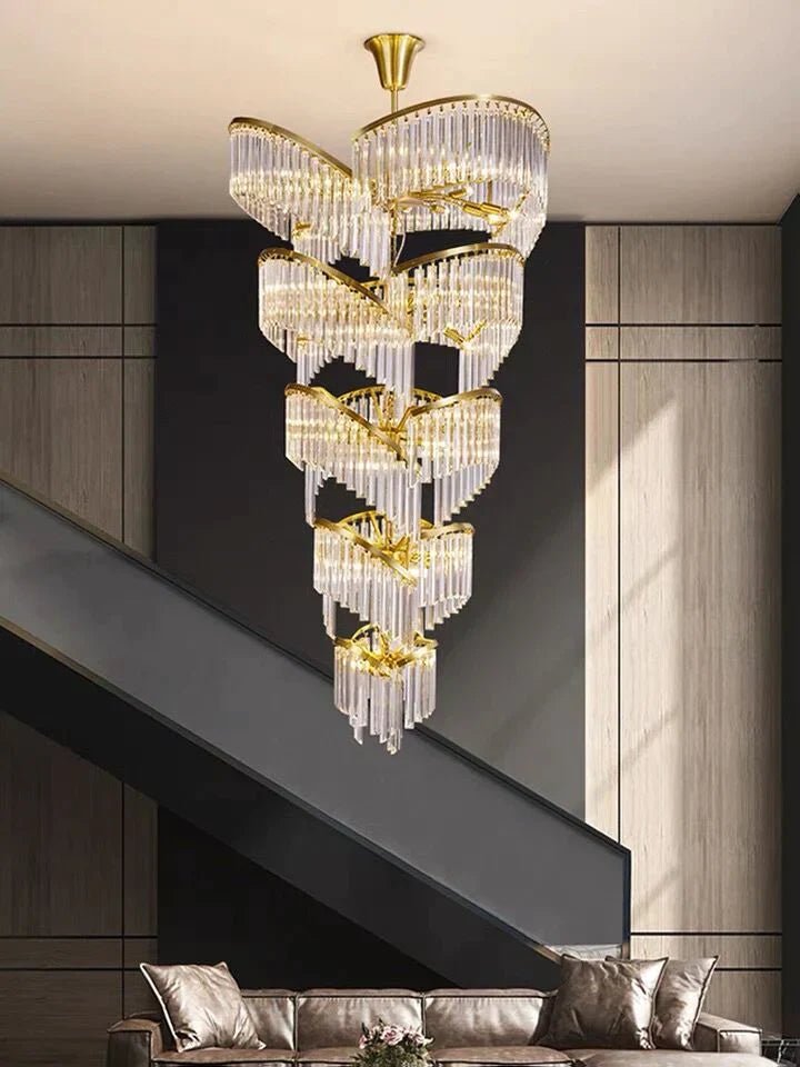 Oversized Modern Designer Creative Multi - tiered Luxury Spiral Crystal Chandelier For High - ceiling Foyer/Entryway/Hallway - fovolighting