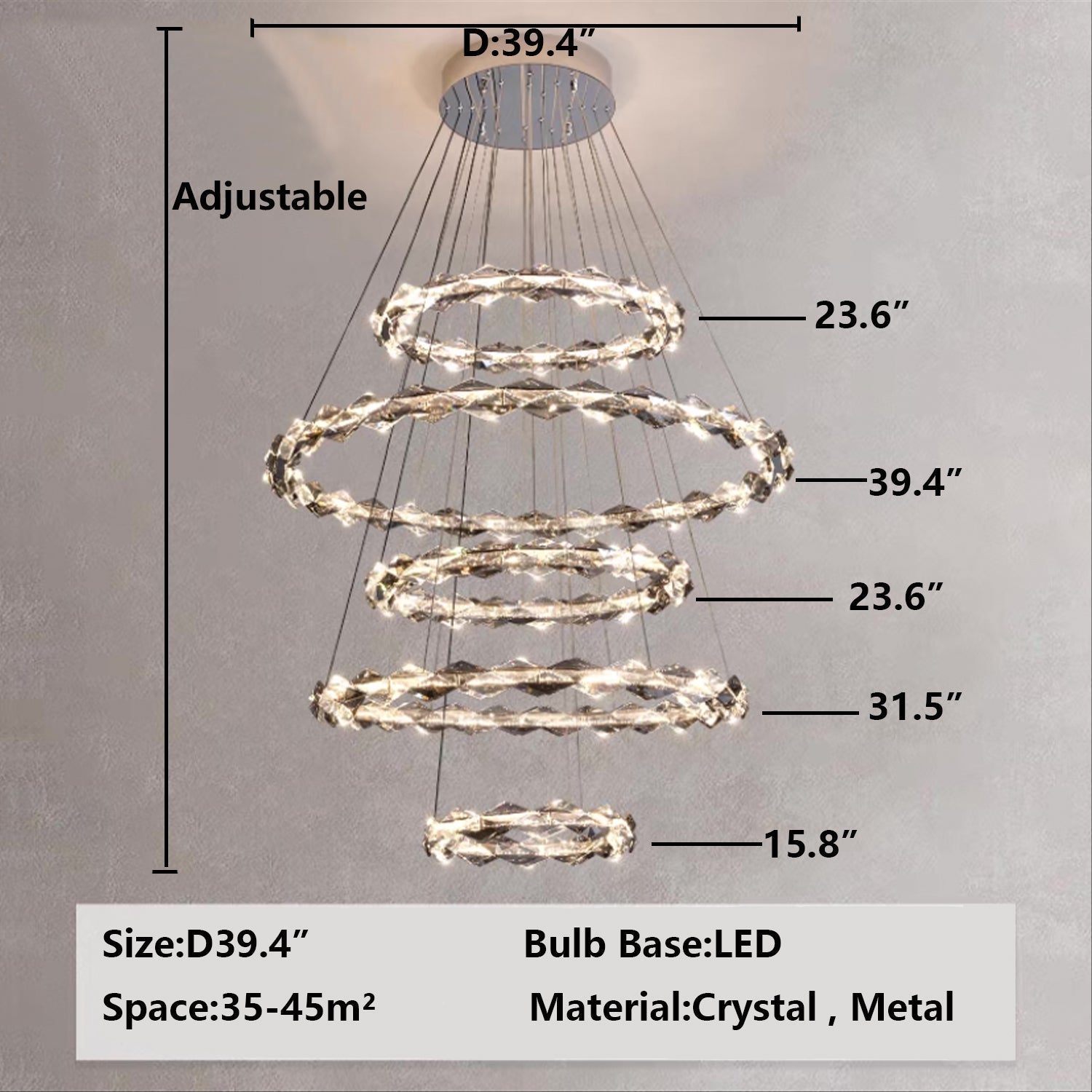 Oversized Multi - Tiered Rings Crystal Chandelier Modern Clear and Grey Crystal Ceiling Light Fixture For Staircase/Foyer/Hallway/Entryway - fovolighting