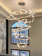 Oversized Multi - Tiered Rings Crystal Chandelier Modern Clear and Grey Crystal Ceiling Light Fixture For Staircase/Foyer/Hallway/Entryway - fovolighting