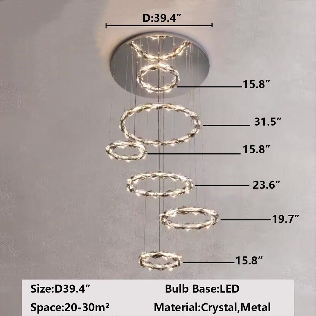 Oversized Multi - Tiered Rings Crystal Chandelier Modern Clear and Grey Crystal Ceiling Light Fixture For Staircase/Foyer/Hallway/Entryway - fovolighting