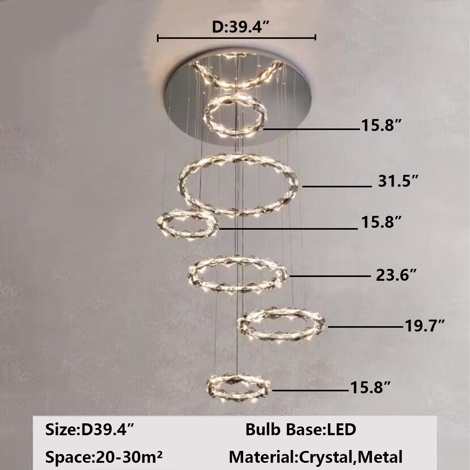 Oversized Multi - Tiered Rings Crystal Chandelier Modern Clear and Grey Crystal Ceiling Light Fixture For Staircase/Foyer/Hallway/Entryway - fovolighting
