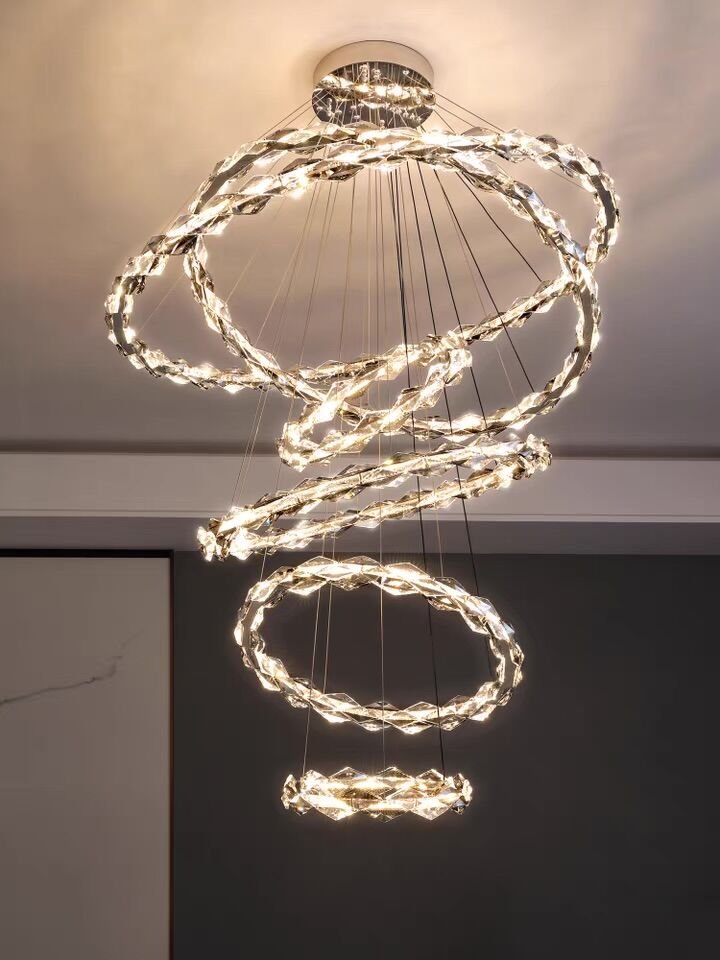 Oversized Multi - Tiered Rings Crystal Chandelier Modern Clear and Grey Crystal Ceiling Light Fixture For Staircase/Foyer/Hallway/Entryway - fovolighting