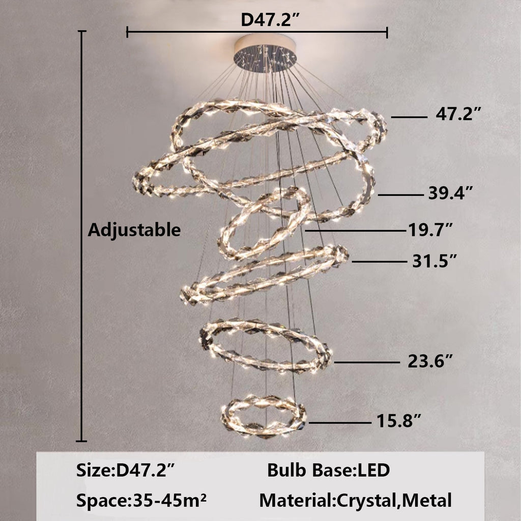 Oversized Multi - Tiered Rings Crystal Chandelier Modern Clear and Grey Crystal Ceiling Light Fixture For Staircase/Foyer/Hallway/Entryway - fovolighting
