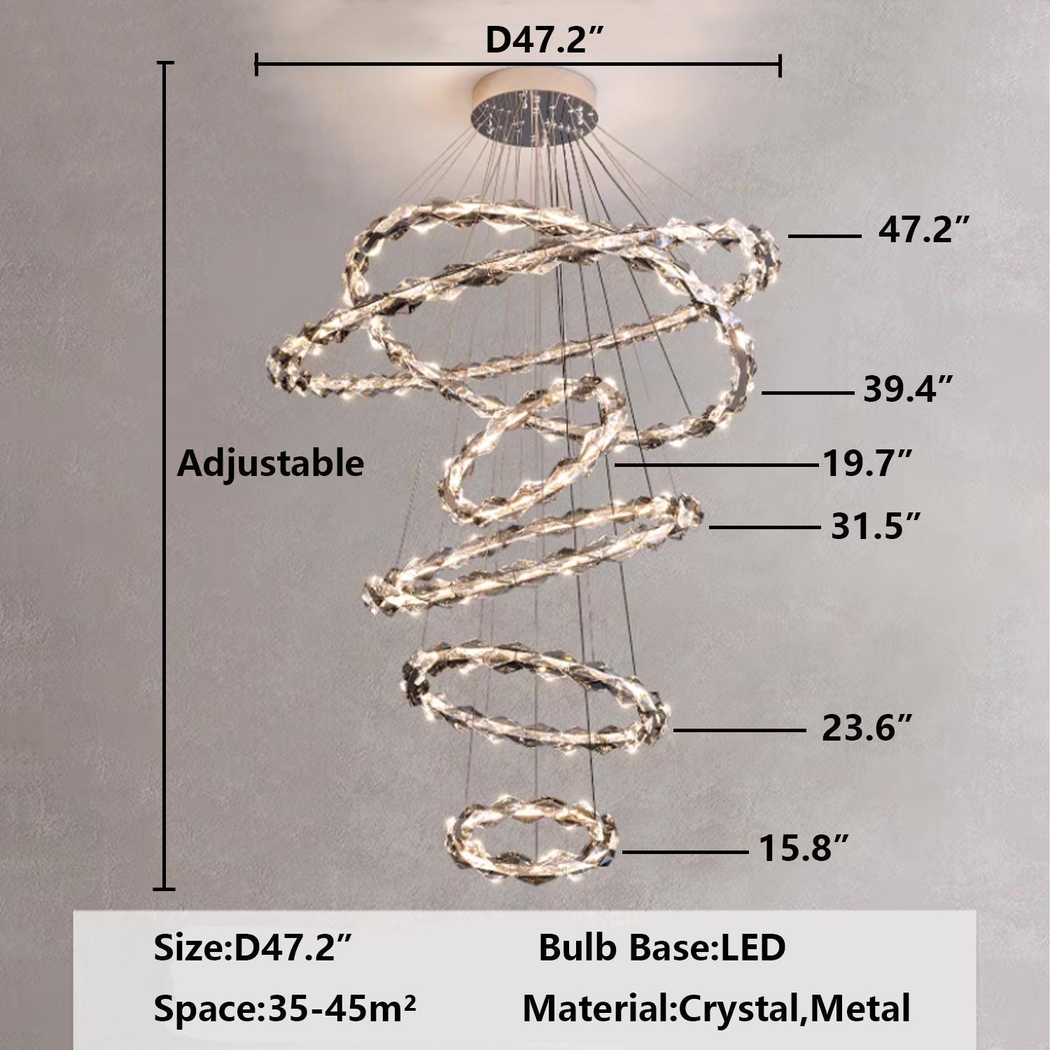Oversized Multi - Tiered Rings Crystal Chandelier Modern Clear and Grey Crystal Ceiling Light Fixture For Staircase/Foyer/Hallway/Entryway - fovolighting