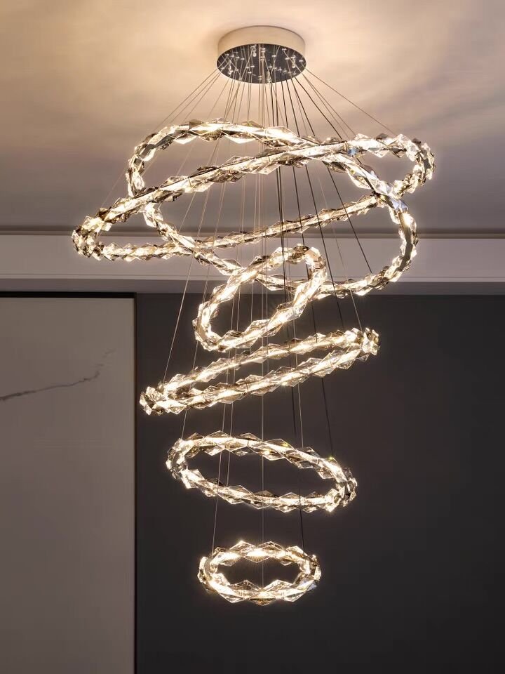 Oversized Multi - Tiered Rings Crystal Chandelier Modern Clear and Grey Crystal Ceiling Light Fixture For Staircase/Foyer/Hallway/Entryway - fovolighting