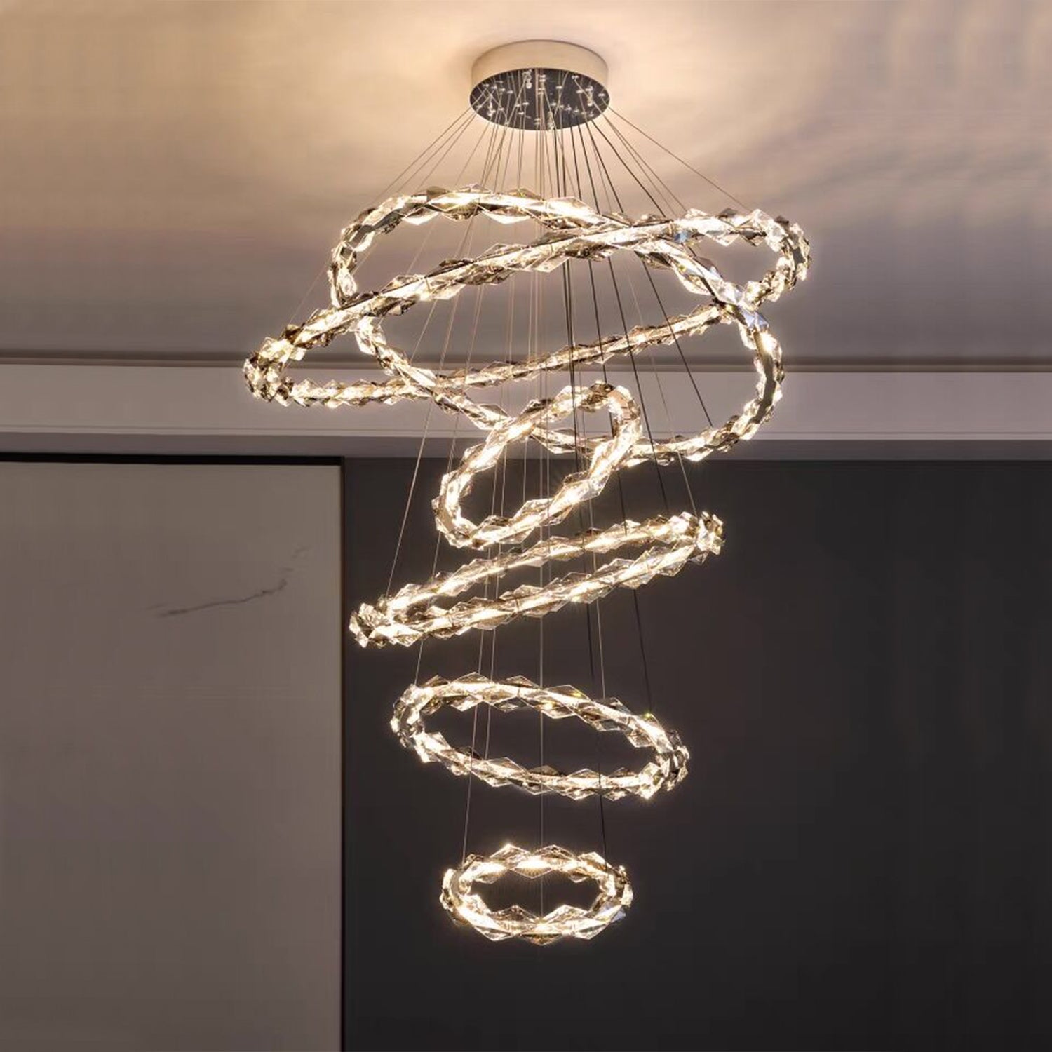 Oversized Multi - Tiered Rings Crystal Chandelier Modern Clear and Grey Crystal Ceiling Light Fixture For Staircase/Foyer/Hallway/Entryway - fovolighting