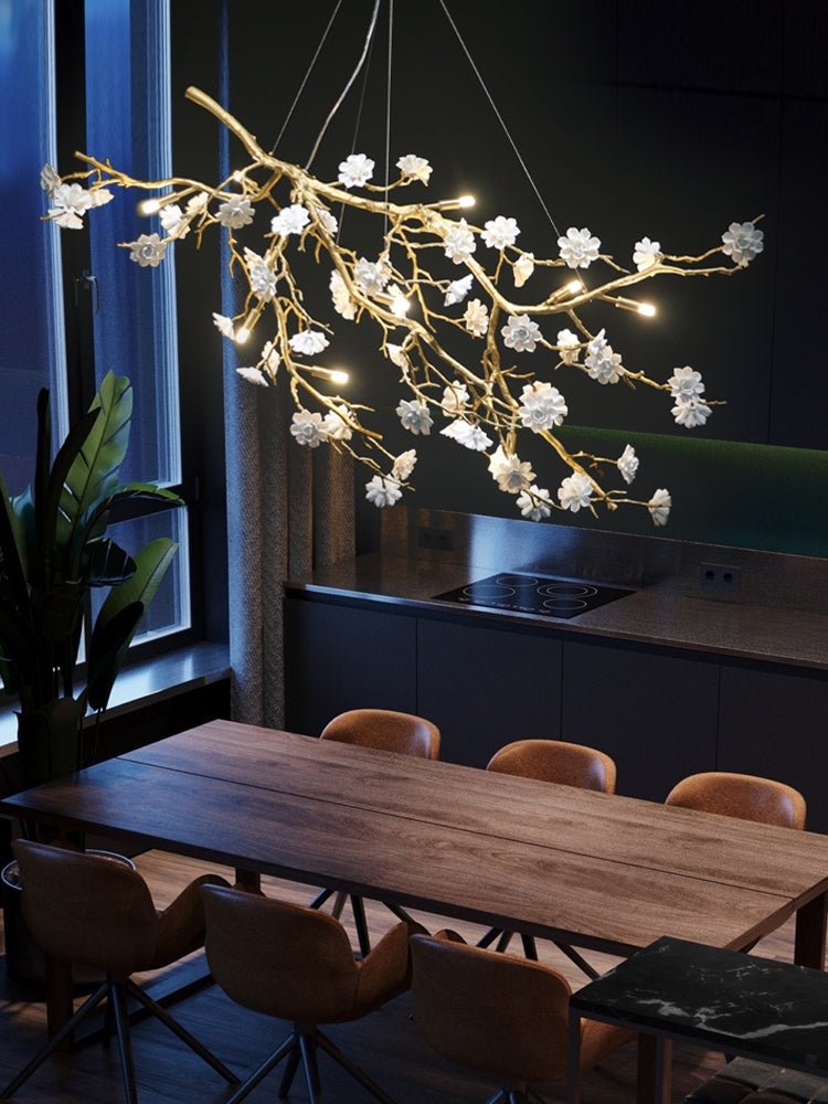 Post - Modern Art Brass and Ceramics Flower Pendant Branch Chandelier for Living/Dining Room - fovolighting