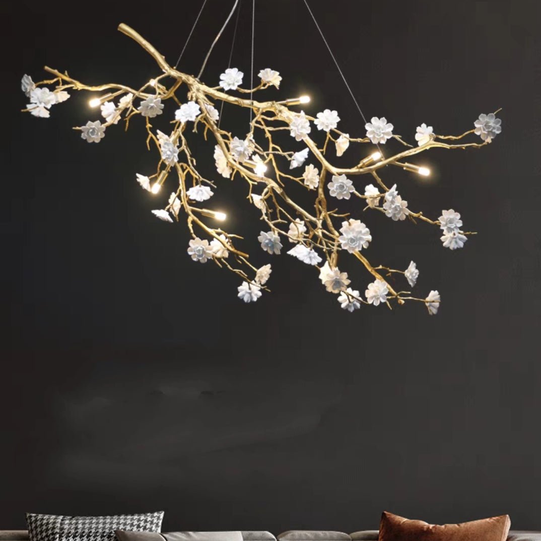 Post - Modern Art Brass and Ceramics Flower Pendant Branch Chandelier for Living/Dining Room - fovolighting