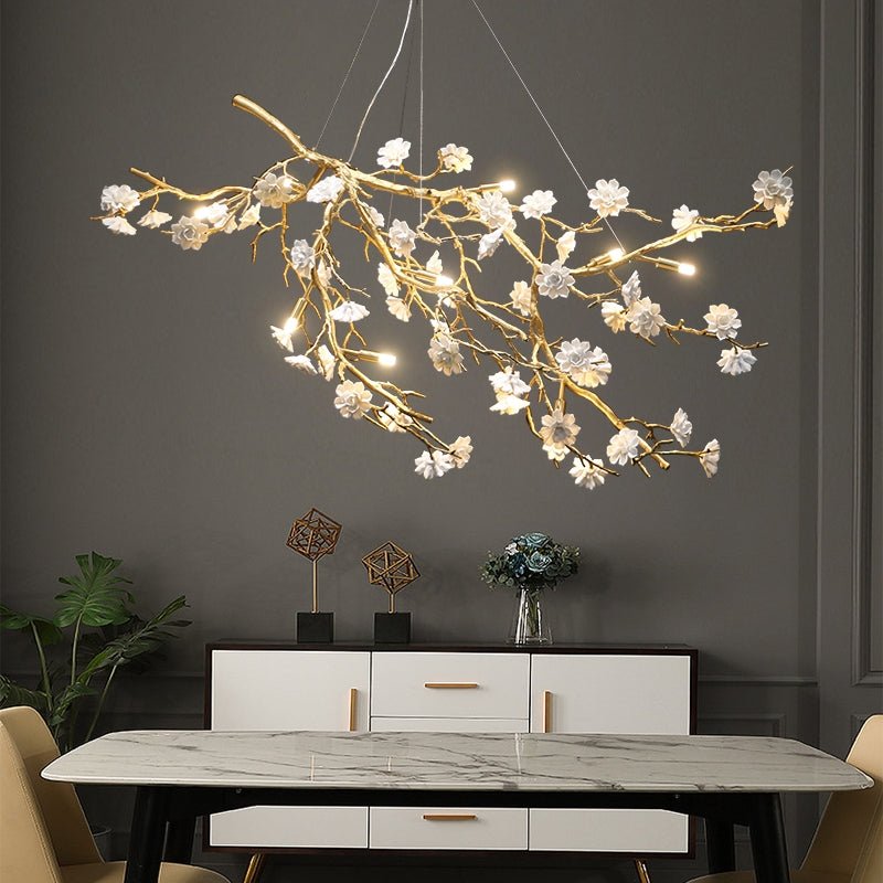 Post - Modern Art Brass and Ceramics Flower Pendant Branch Chandelier for Living/Dining Room - fovolighting
