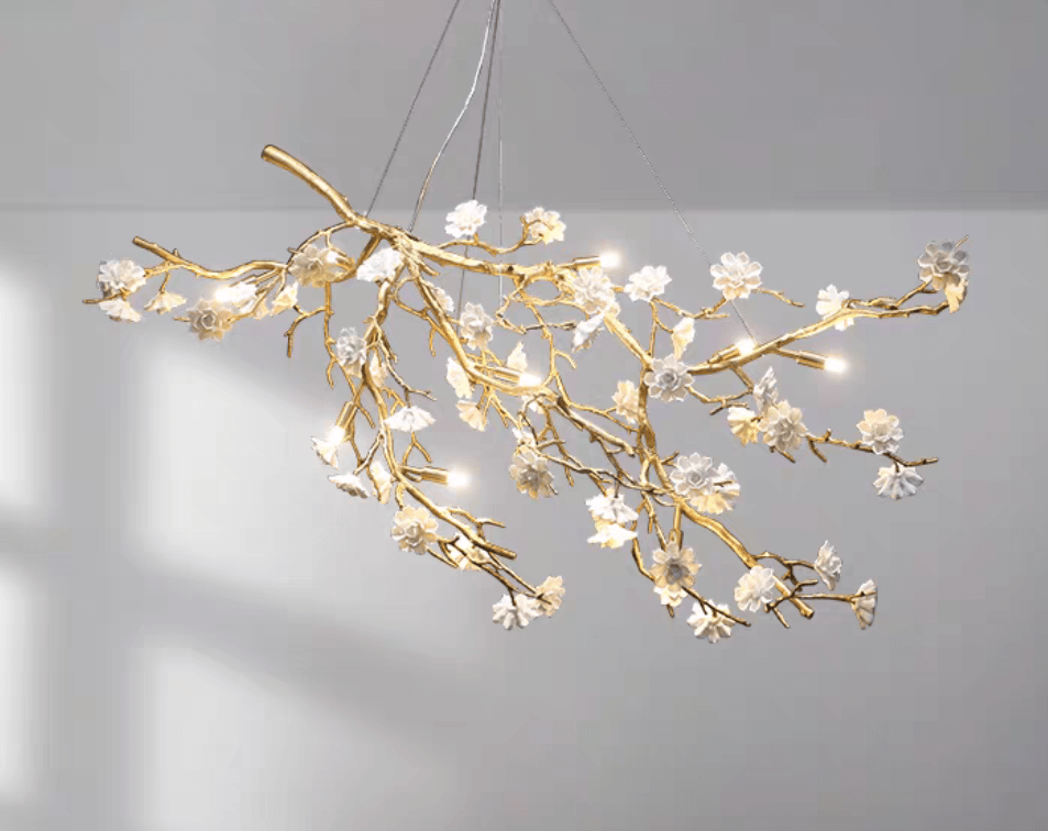 Post - Modern Art Brass and Ceramics Flower Pendant Branch Chandelier for Living/Dining Room - fovolighting