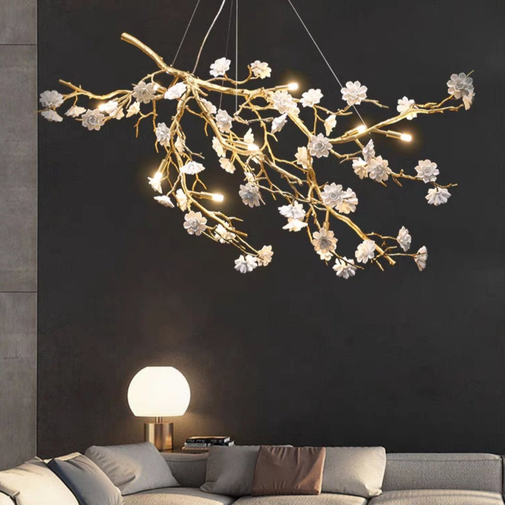 Post - Modern Art Brass and Ceramics Flower Pendant Branch Chandelier for Living/Dining Room - fovolighting