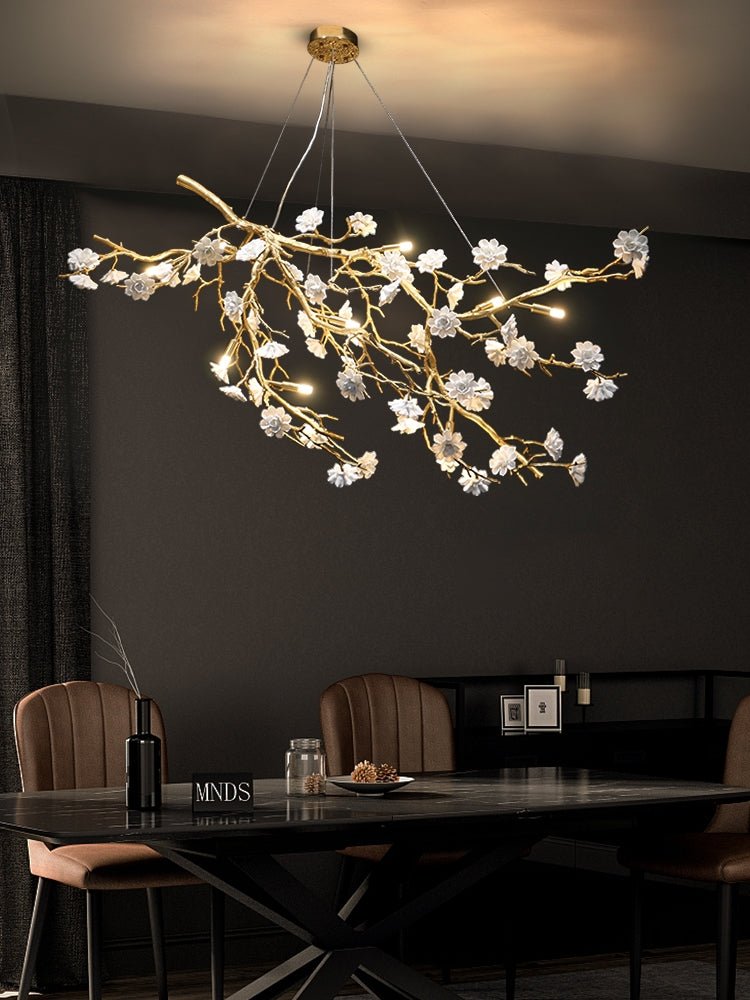 Post - Modern Art Brass and Ceramics Flower Pendant Branch Chandelier for Living/Dining Room - fovolighting