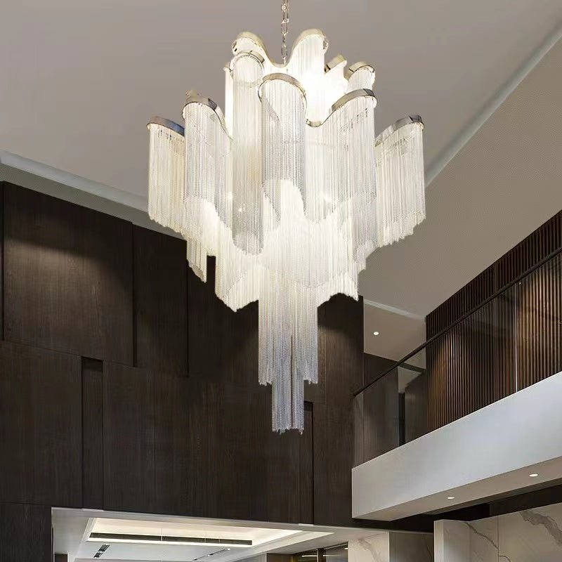 Post - Modern Extra Large Stainless Steel Long Tassel Chandelier for Large Living Room / Staircase / Villa / Duplexes - fovolighting