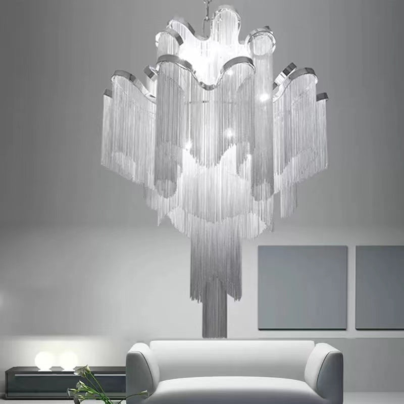 Post - Modern Extra Large Stainless Steel Long Tassel Chandelier for Large Living Room / Staircase / Villa / Duplexes - fovolighting