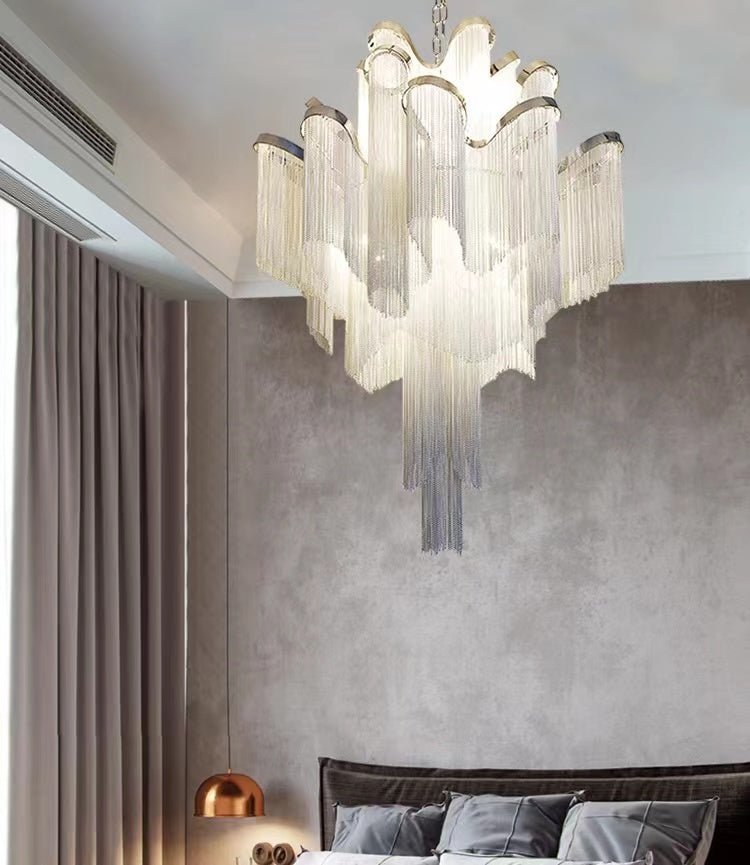 Post - Modern Extra Large Stainless Steel Long Tassel Chandelier for Large Living Room / Staircase / Villa / Duplexes - fovolighting