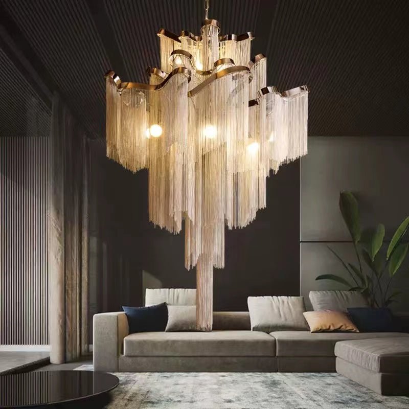 Post - Modern Extra Large Stainless Steel Long Tassel Chandelier for Large Living Room / Staircase / Villa / Duplexes - fovolighting