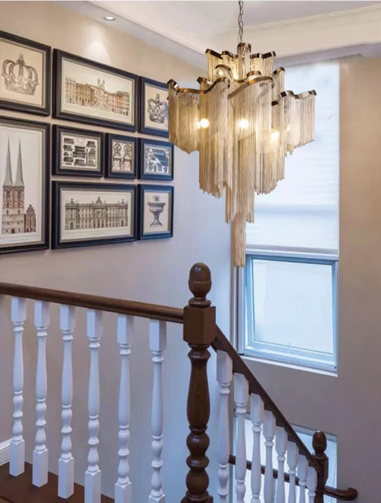 Post - Modern Extra Large Stainless Steel Long Tassel Chandelier for Large Living Room / Staircase / Villa / Duplexes - fovolighting