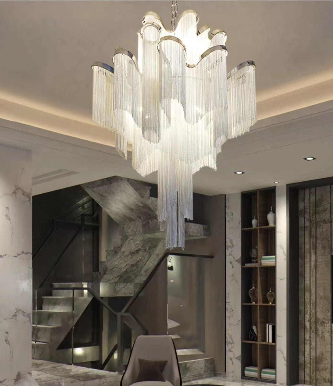 Post - Modern Extra Large Stainless Steel Long Tassel Chandelier for Large Living Room / Staircase / Villa / Duplexes - fovolighting