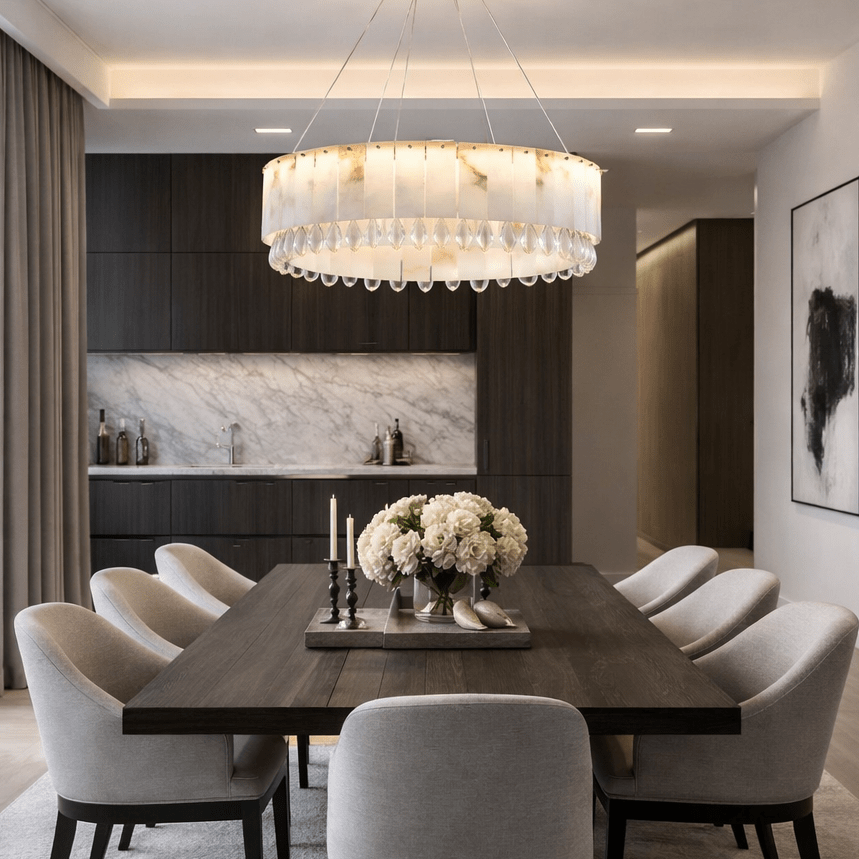 Stuart 31" Modern Marble & Crystal Round Chandelier - fovolighting
