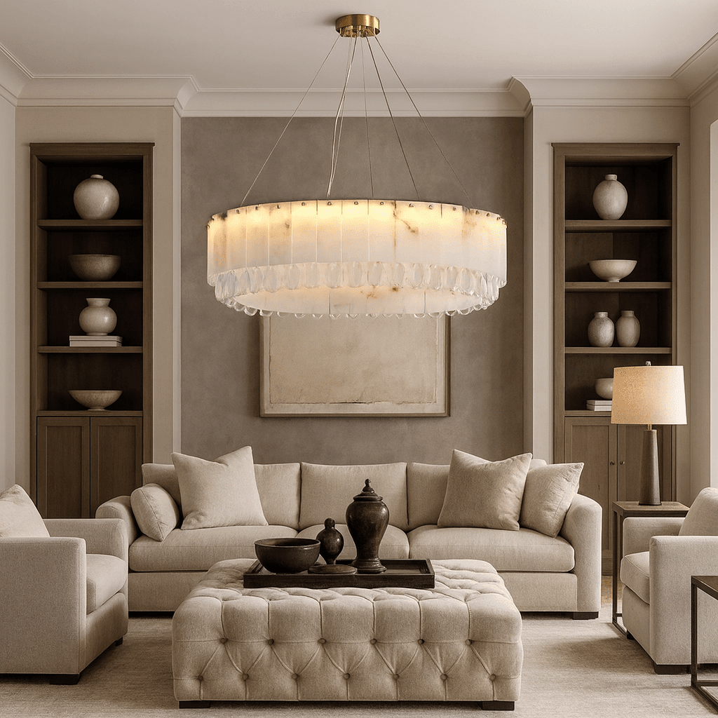 Stuart 31" Modern Marble & Crystal Round Chandelier - fovolighting