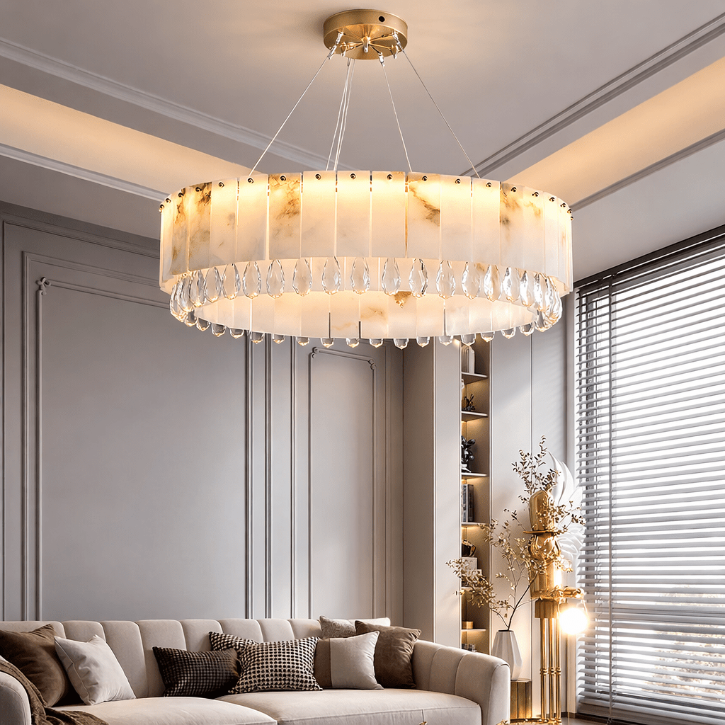 Stuart 31" Modern Marble & Crystal Round Chandelier - fovolighting