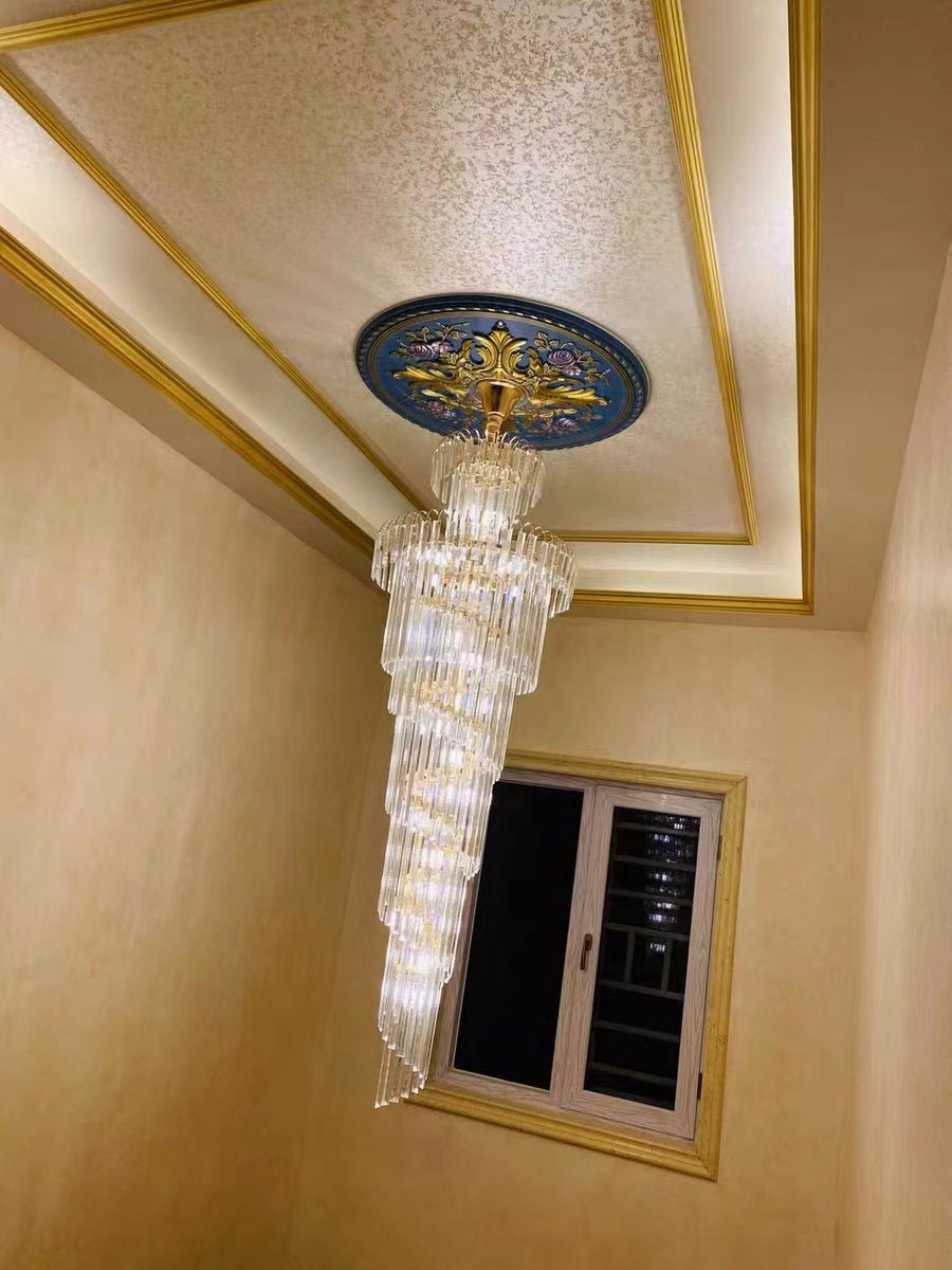 Tiered Foyer Staircase Spiral Crystal Chandelier Hotel Hall/ Entrance High Ceiling Pendant Lighting Fixture - fovolighting