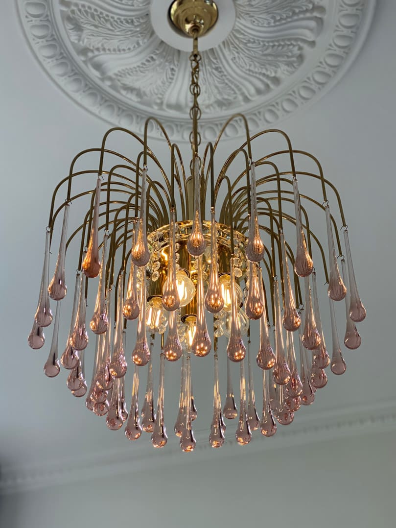 Vintage – Murano Teardrops Chandelier – 70s – Pink prisms - fovolighting