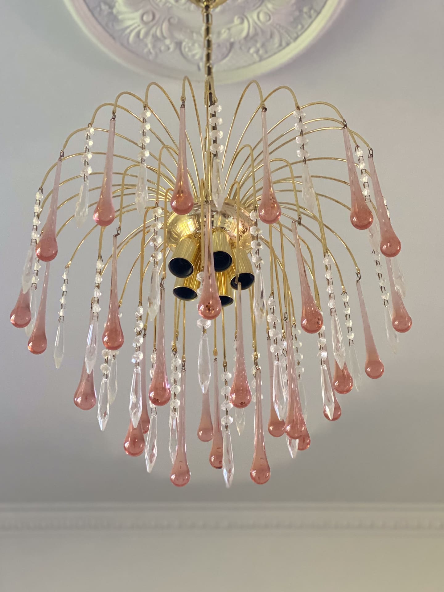 Vintage – Murano Teardrops Chandelier – 70s – Pink prisms - fovolighting